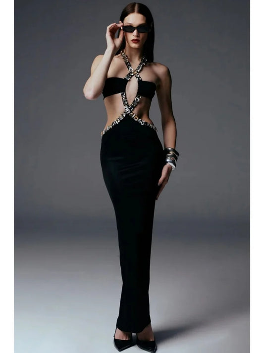 AVP PASSION: Diamond-Embellished Black Maxi Bodycon Dress