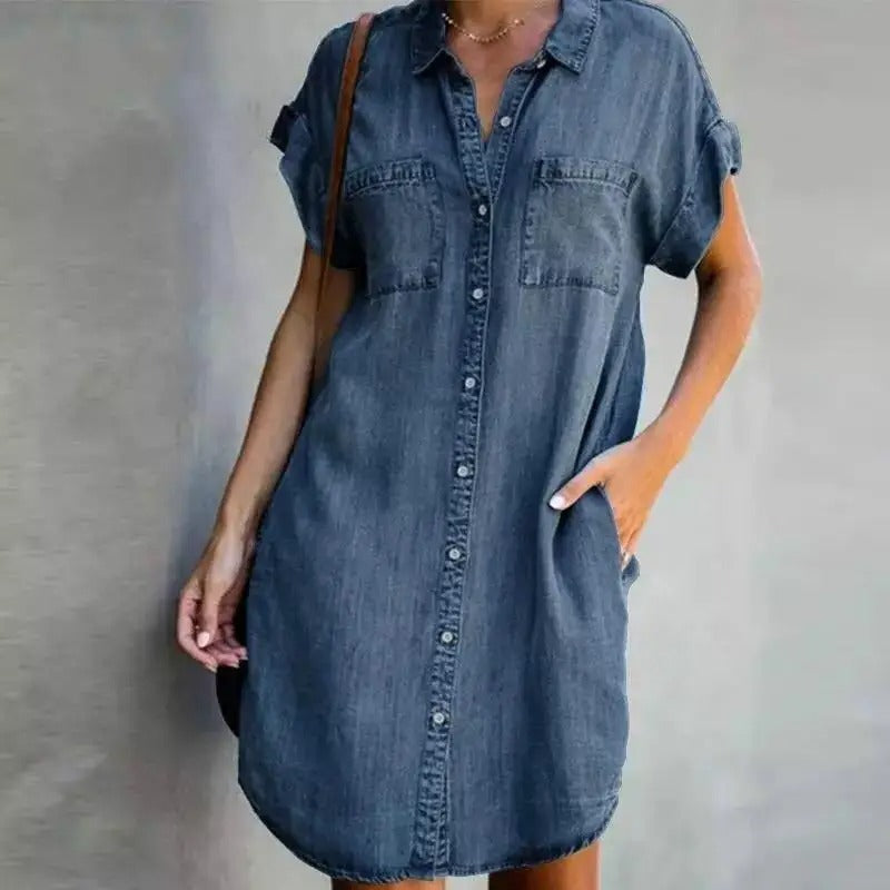AVP PASSION: Button-Up Casual Denim Shirt Dress with Pockets