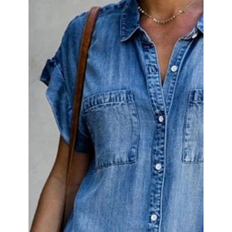 AVP PASSION: Button-Up Casual Denim Shirt Dress with Pockets