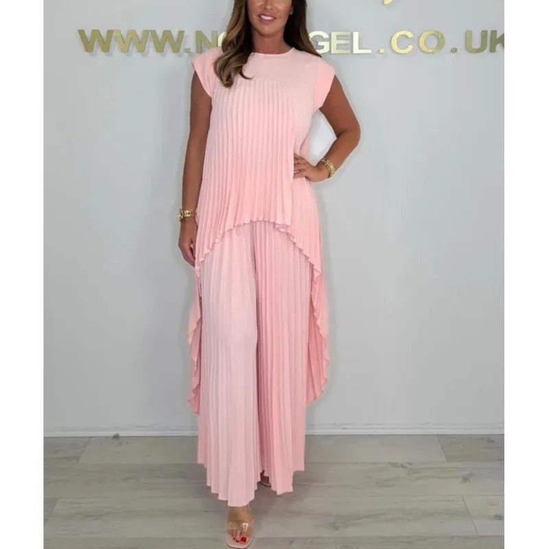 AVP PASSION: 2-Piece Irregular Pleated Top & Wide-Leg Pants Set