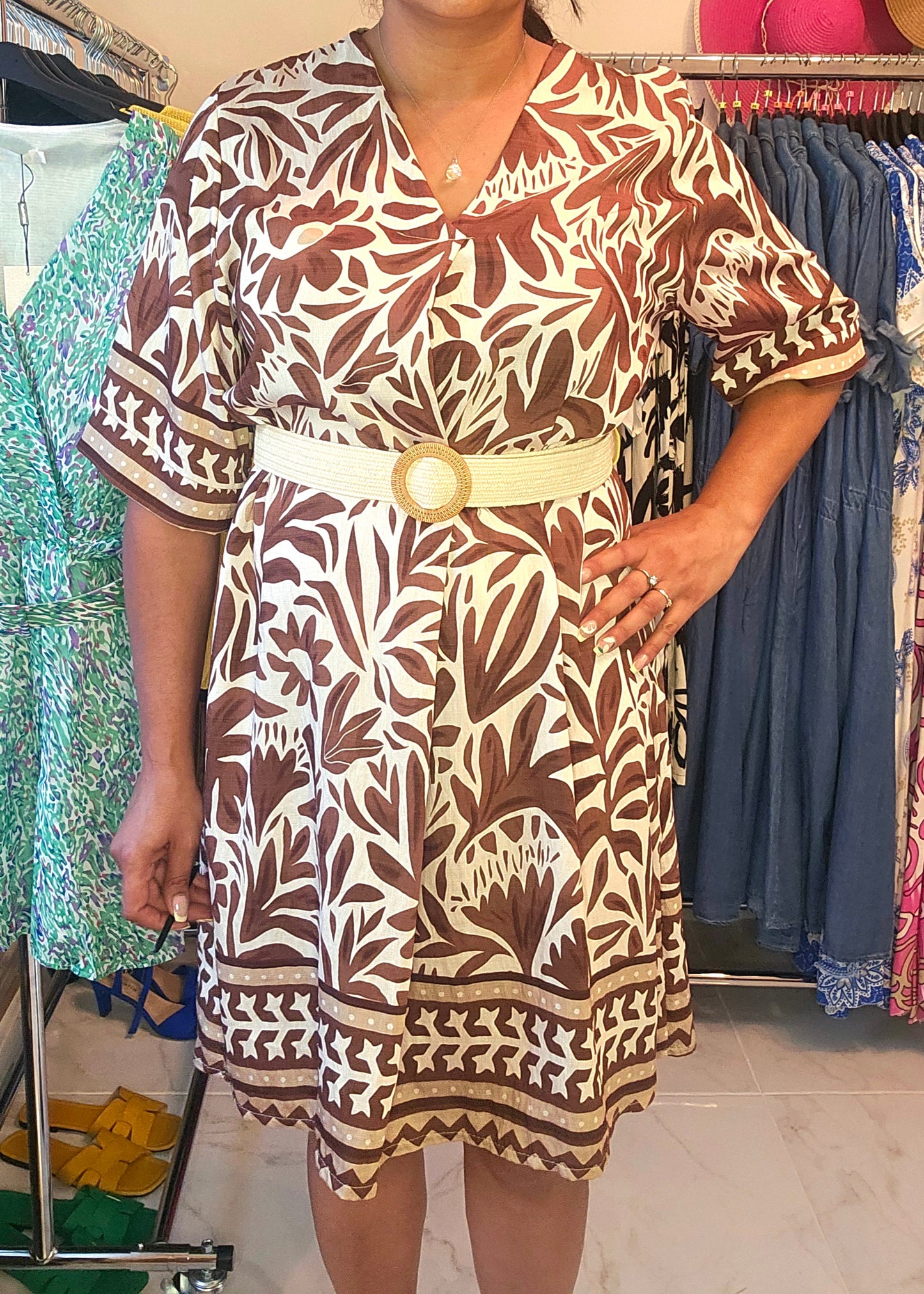 Robe bohème en viscose florale marron taille unique fabriquée en Italie