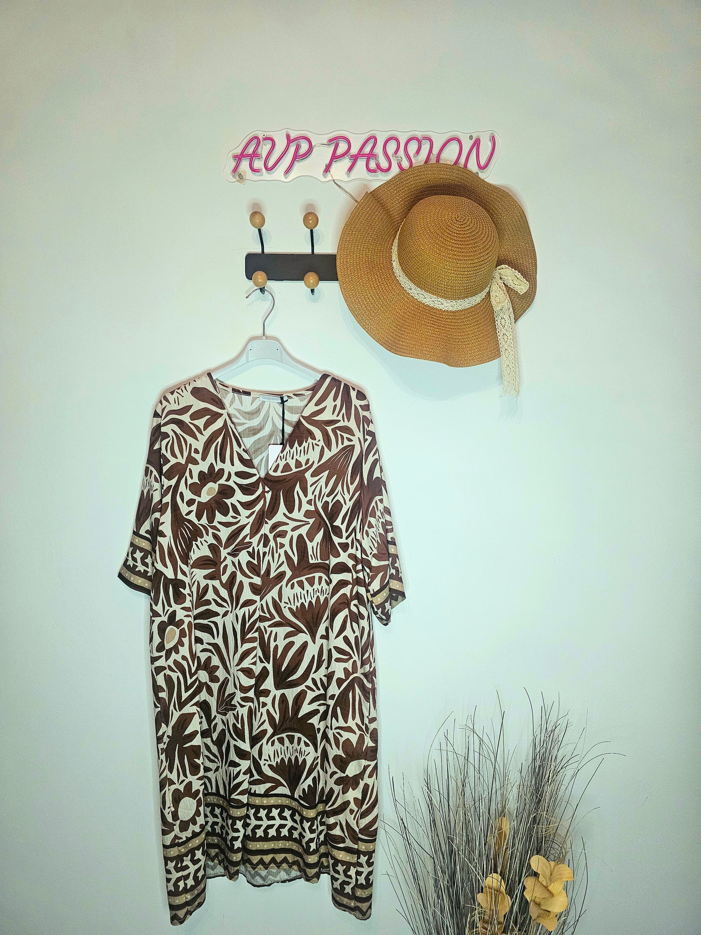 Robe bohème en viscose florale marron taille unique fabriquée en Italie