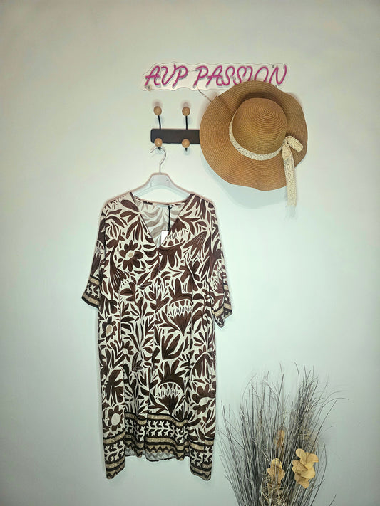 Robe bohème en viscose florale marron taille unique fabriquée en Italie