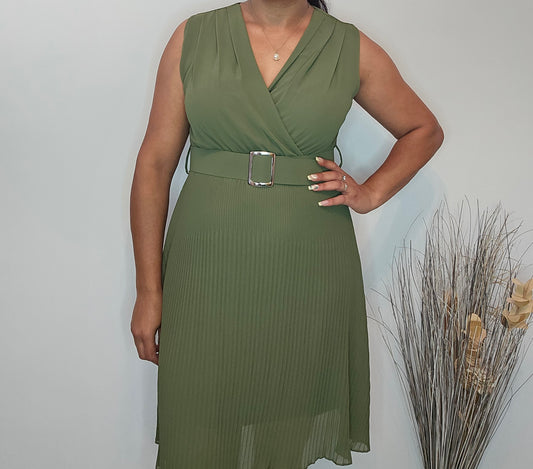 AVP PASSION Robe kaki femme plissée ceinturée polyester S-XL élégante