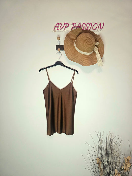 AVP PASSION Top satiné femme été marron col V sans manches