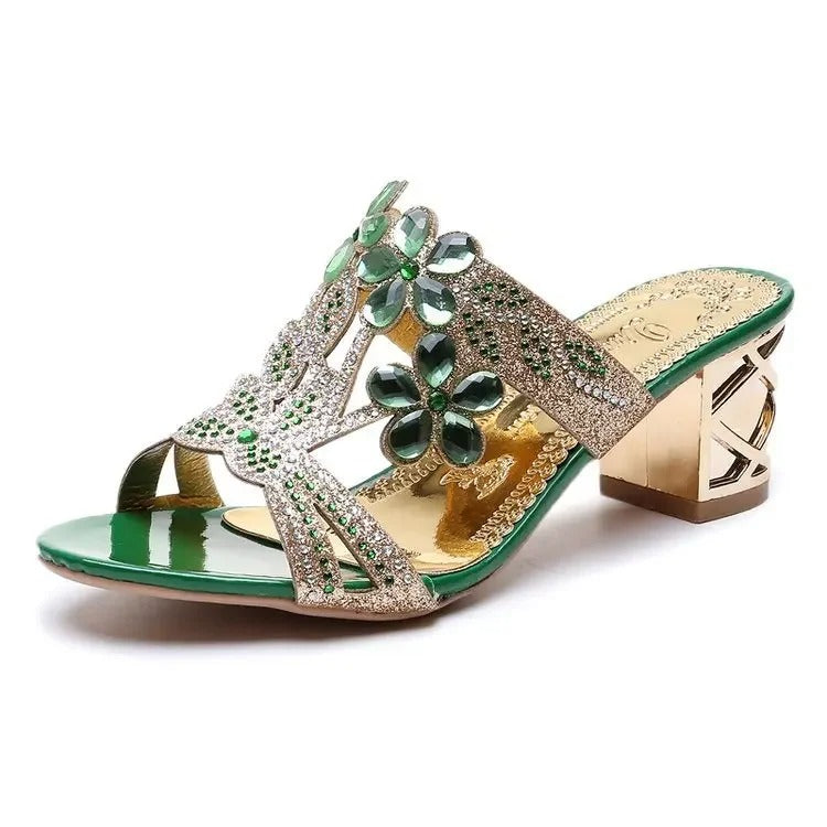 AVP PASSION: Rhinestone Luminous Square Heel Sandals