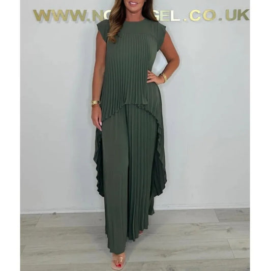 AVP PASSION: 2-Piece Irregular Pleated Top & Wide-Leg Pants Set