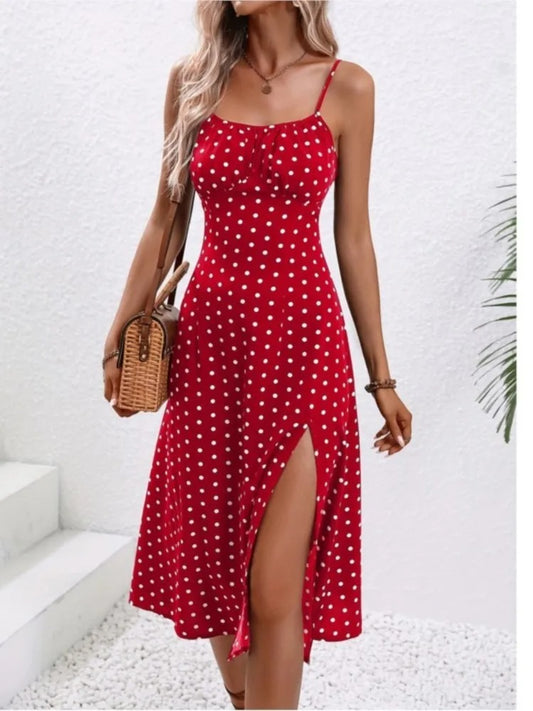 AVP PASSION: 2024 Polka Dot Spaghetti Strap Midi Dress