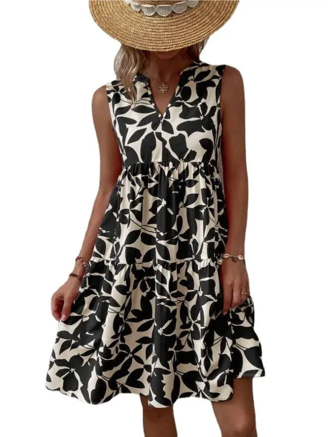 AVP PASSION – Robe d'Été Sans Manches à Imprimé Feuilles | Col V | Tailles S à 5XL