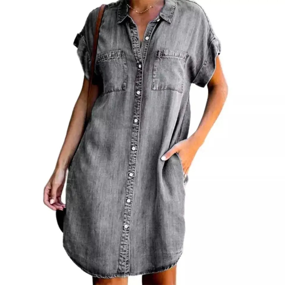 AVP PASSION: Button-Up Casual Denim Shirt Dress with Pockets