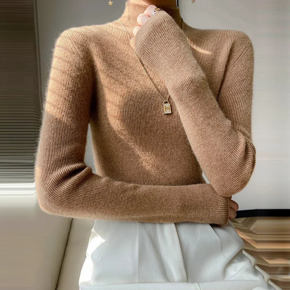 Pull Femme Col Haut Slim – Tricot Doux Manches Longues