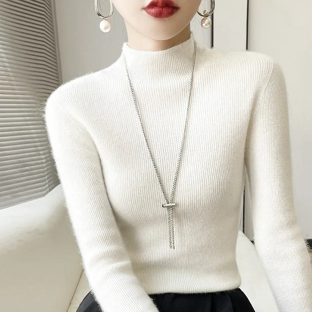 Pull Femme Col Haut Slim – Tricot Doux Manches Longues