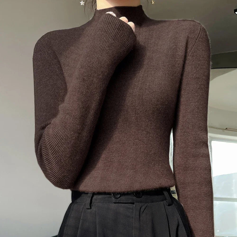 Pull Femme Col Haut Slim – Tricot Doux Manches Longues