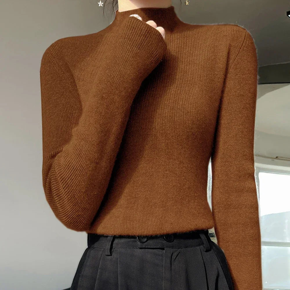 Pull Femme Col Haut Slim – Tricot Doux Manches Longues