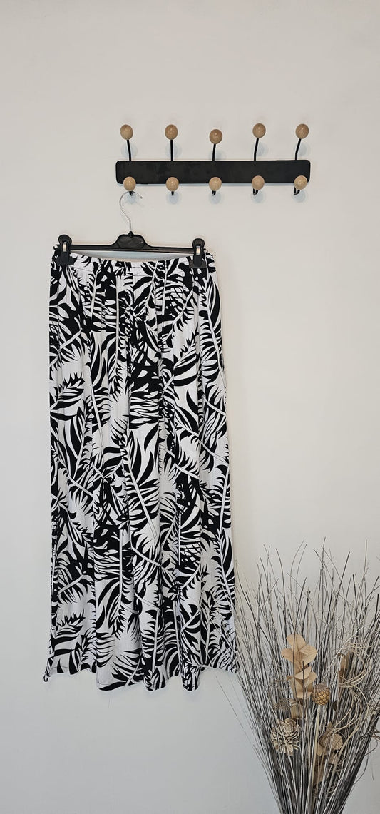 AVP PASSION Pantalon fluide femme bohème taille basse à motifs feuilles noir blanc