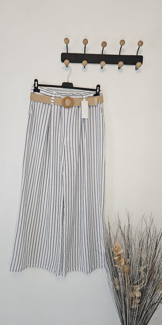 AVP PASSION Pantalon été lin rayé femme taille haute large bohème avec poches