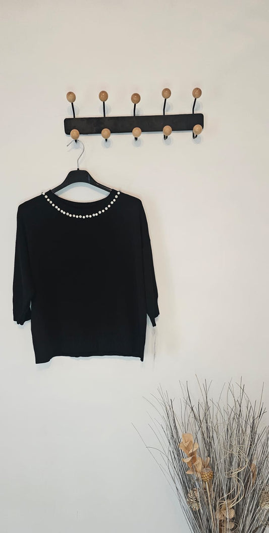 Haut Maille Perlée Femme – Noir – Style Court Chic – Taille Unique