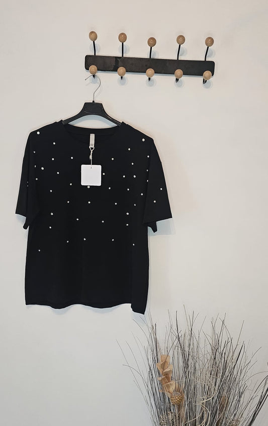 T-shirt Femme Perles – Noir – 100% Coton – Élégant et Décontracté – Taille Unique