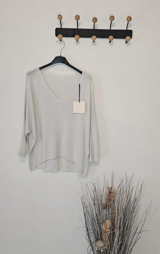 Pull Brillant Femme Viscose Manche 3/4 – Argent – Taille Unique