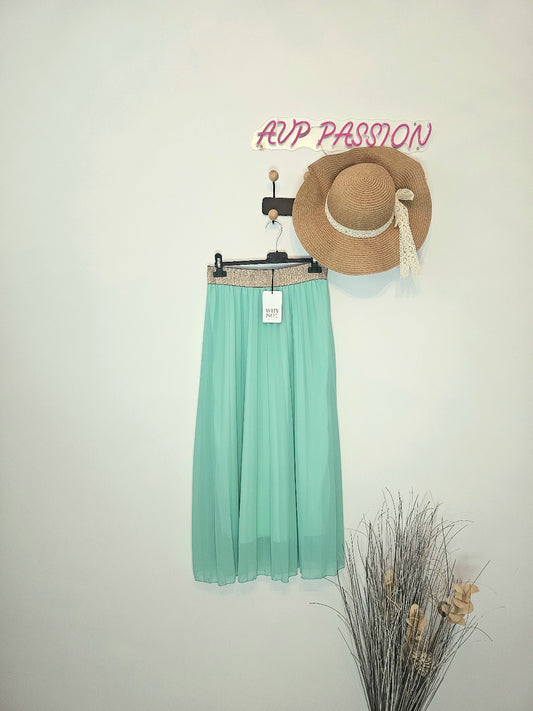 AVP PASSION Jupe Plissée Vert Menthe Élastique Tissu Vaporeux Ceinture Dorée Taille Unique S à L Style Romantique et Élégant