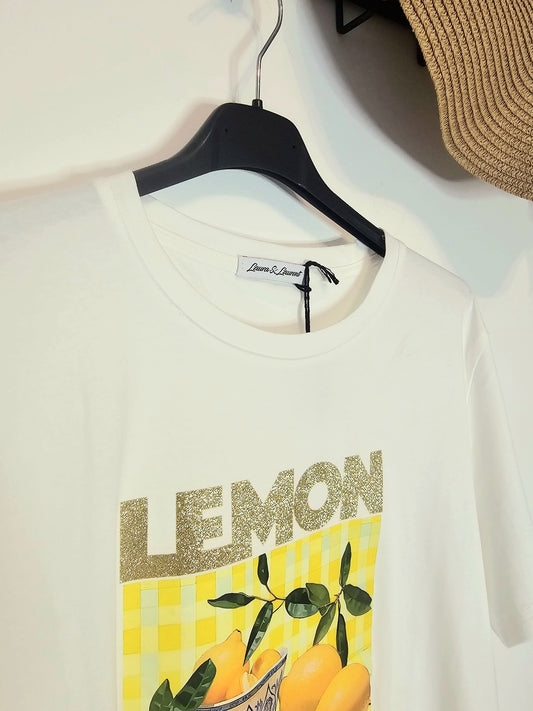 T-shirt blanc imprimé citron “Lemon Tarte” – coton doux – taille unique S à XL