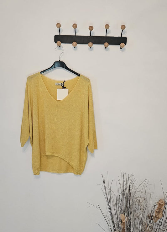 Pull Brillant Femme Viscose Manche 3/4 – Moutarde – Taille Unique