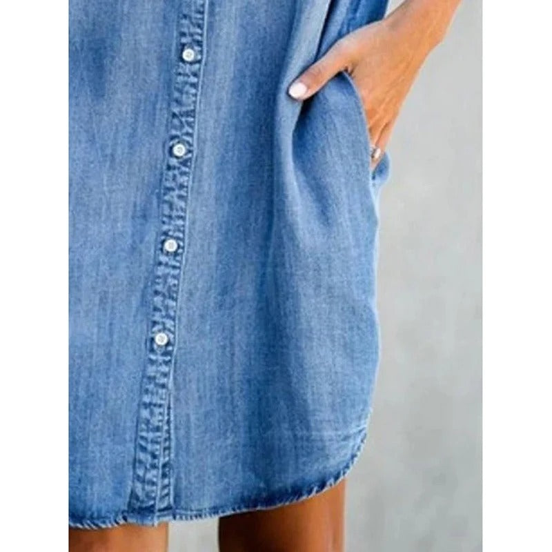 AVP PASSION: Button-Up Casual Denim Shirt Dress with Pockets