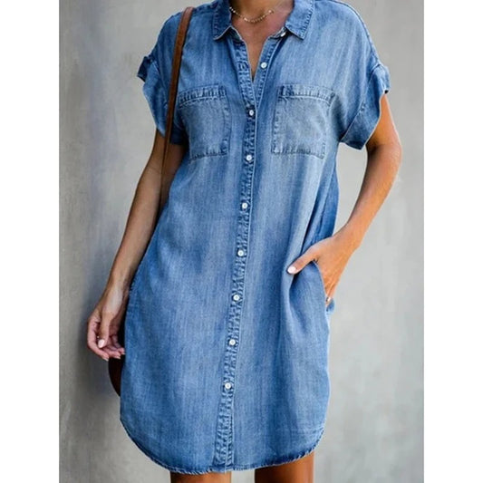 AVP PASSION: Button-Up Casual Denim Shirt Dress with Pockets