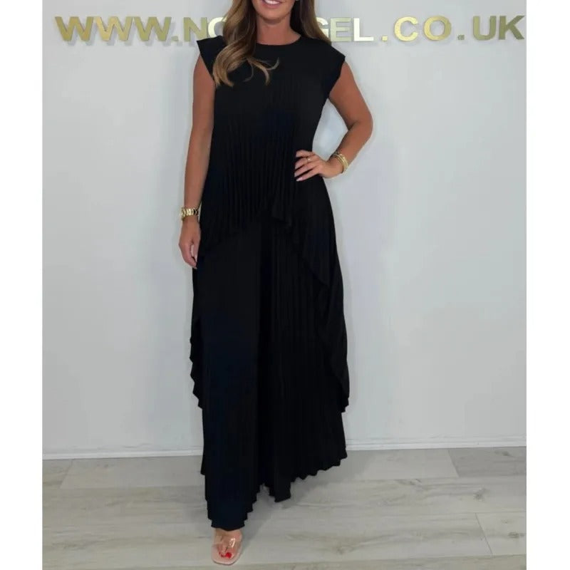 AVP PASSION: 2-Piece Irregular Pleated Top & Wide-Leg Pants Set