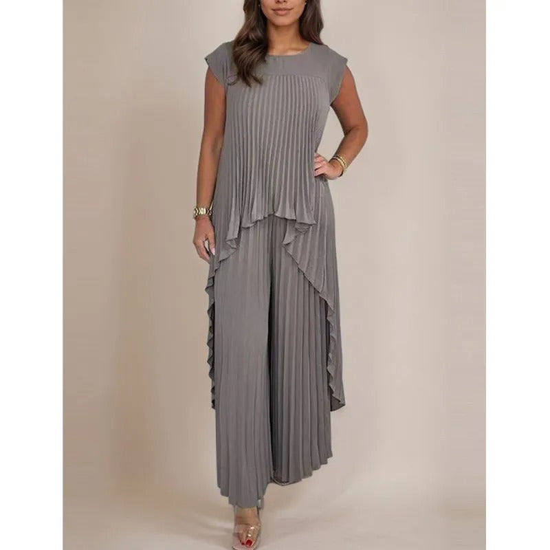AVP PASSION: 2-Piece Irregular Pleated Top & Wide-Leg Pants Set