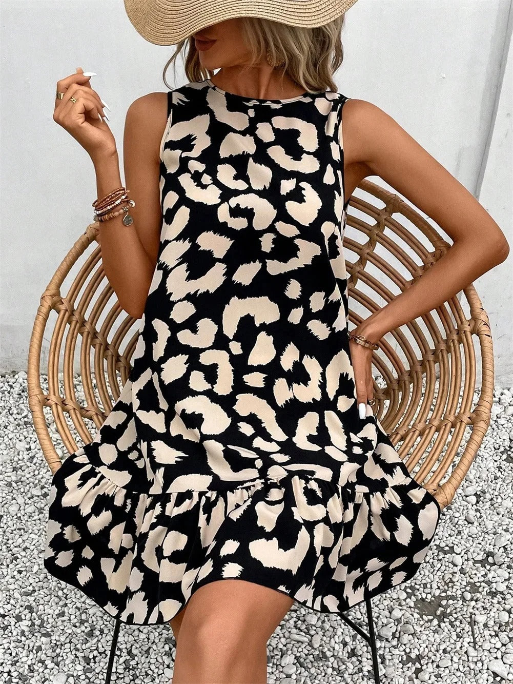 AVP PASSION: Leopard Print Sleeveless A-Line Summer Mini Dress