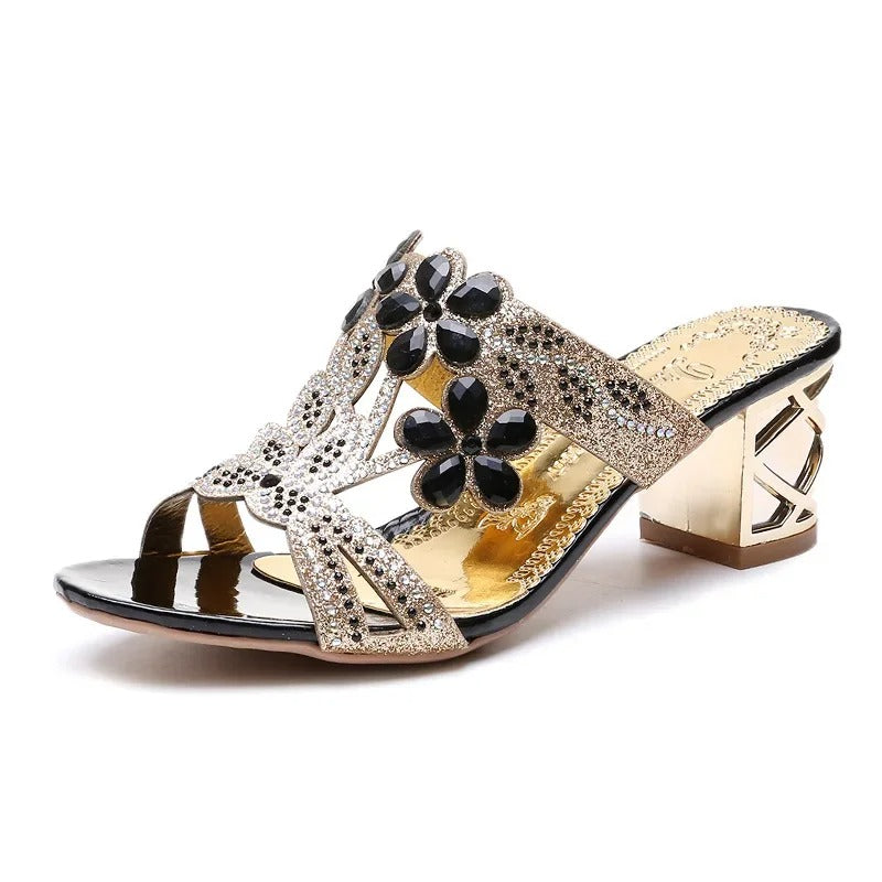 AVP PASSION: Rhinestone Luminous Square Heel Sandals