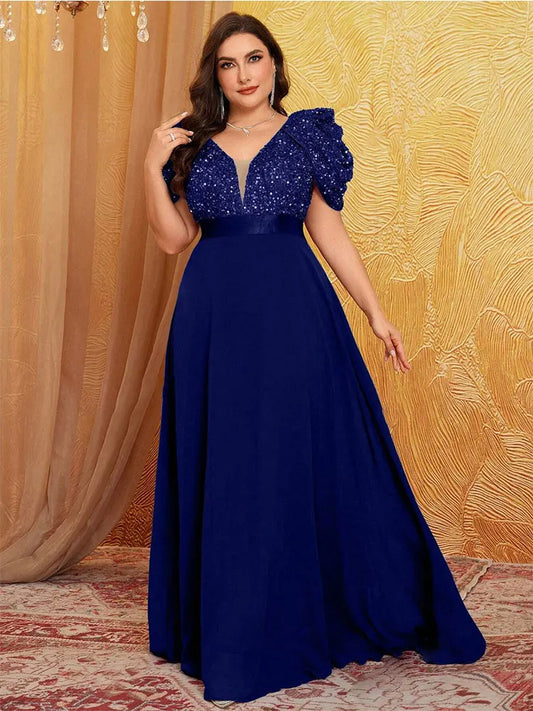 AVP PASSION – Robe de Soirée Grande Taille 4XL/5XL | Col V Pailleté & Manches Bouffantes | Mariage, Bal & Cérémonie