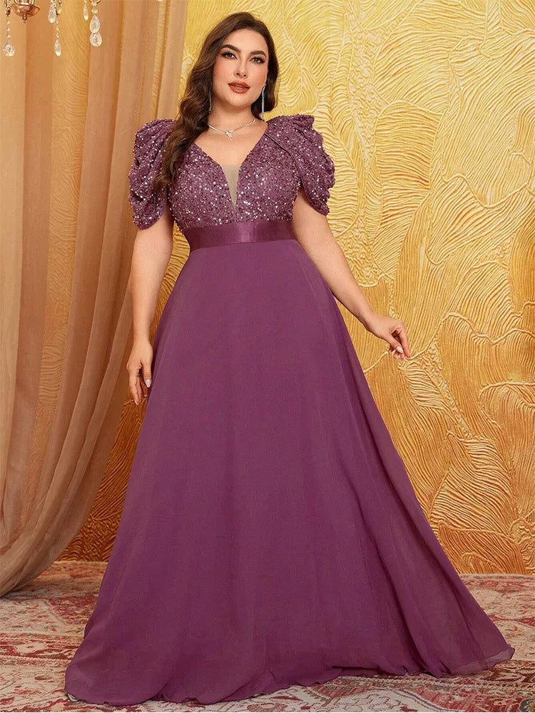 AVP PASSION – Robe de Soirée Col V à Manches Bouffantes