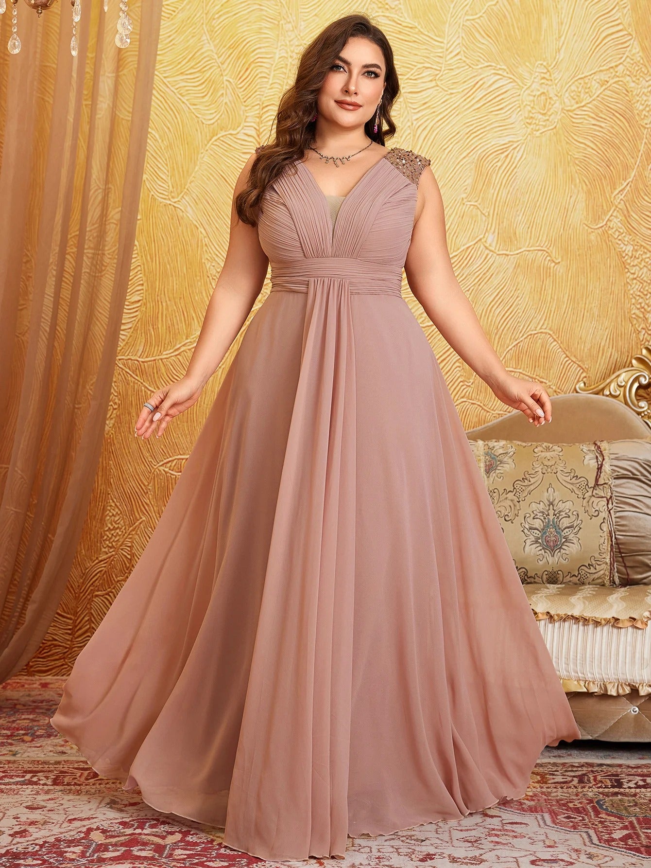 AVP PASSION – Robe Longue Col V Pailletée en Mousseline