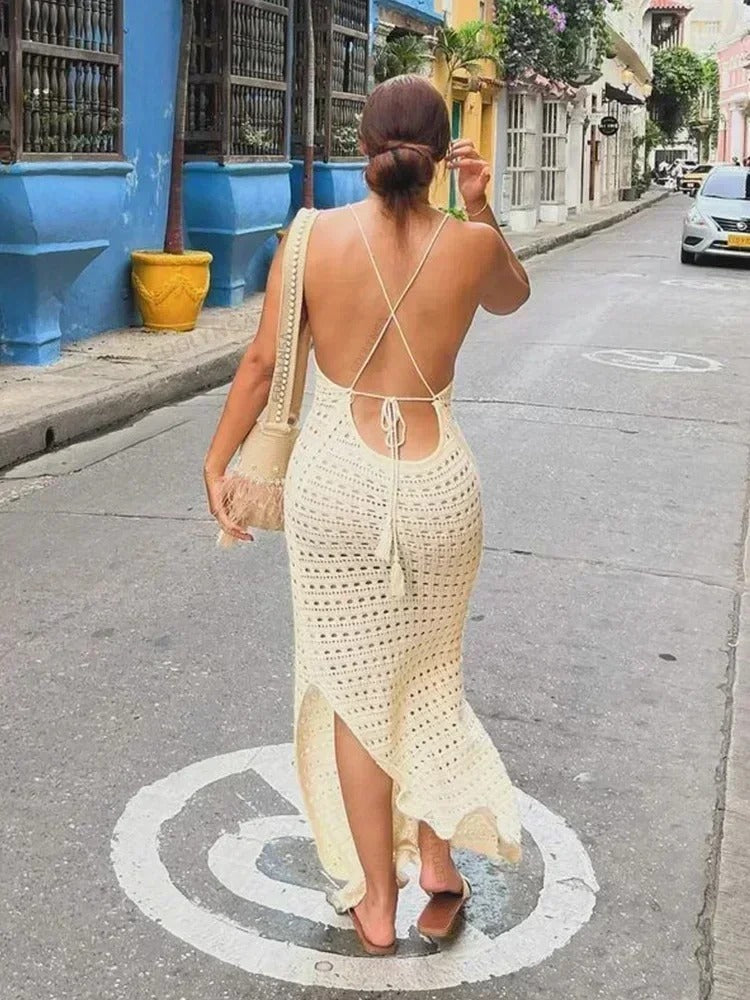 AVP PASIÓN: Vestido playero largo de punto con borlas