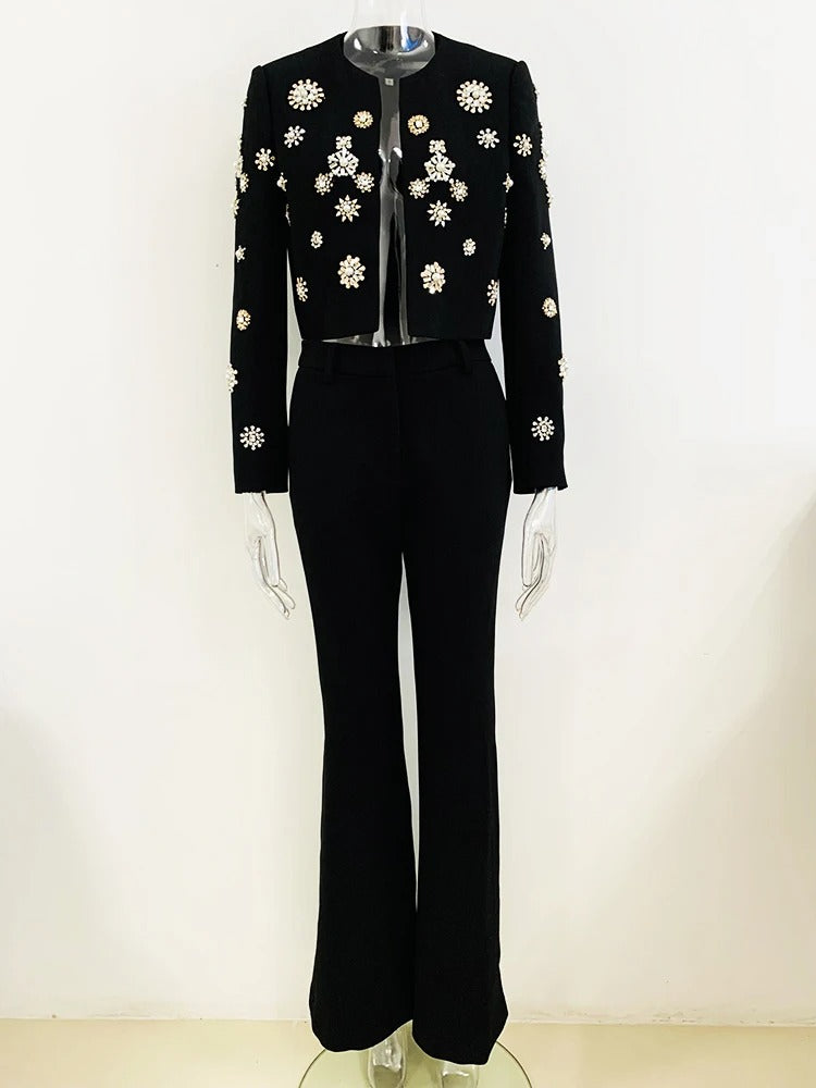 AVP PASSION: Rhinestone & Pearl Beaded Slit Flare Suit Set