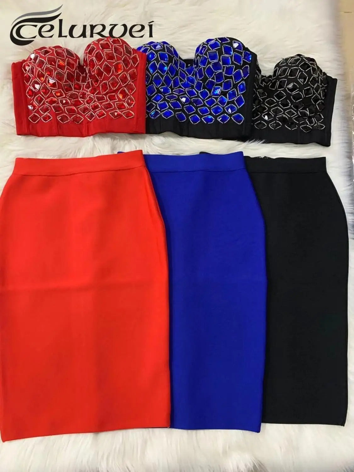 AVP PASSION: Hand-Beaded Red Two-Piece Bandage Set