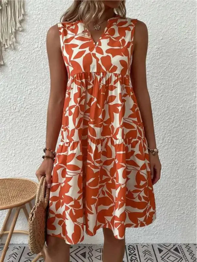 AVP PASSION – Robe d'Été Sans Manches à Imprimé Feuilles | Col V | Tailles S à 5XL