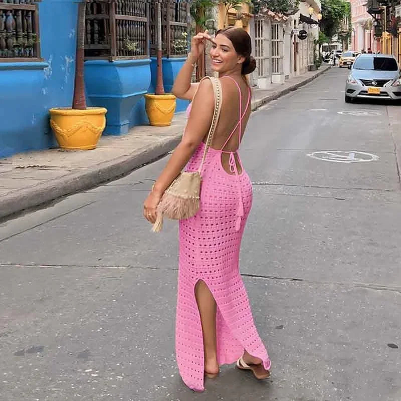 AVP PASIÓN: Vestido playero largo de punto con borlas