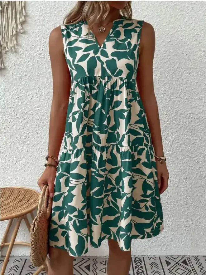 AVP PASSION – Robe d'Été Sans Manches à Imprimé Feuilles | Col V | Tailles S à 5XL