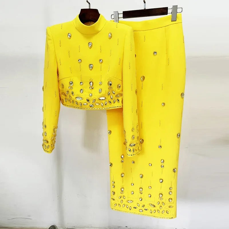 AVP PASSION: Spliced Rhinestone Top & Zipper Patchwork Skirt Set