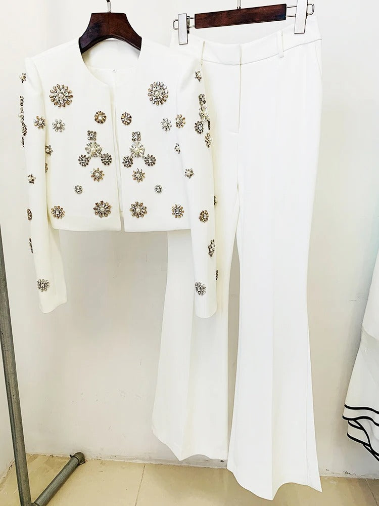 AVP PASSION: Rhinestone & Pearl Beaded Slit Flare Suit Set
