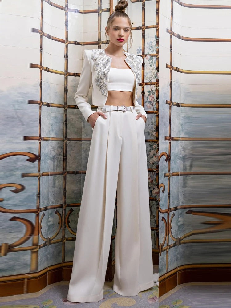 AVP PASSION: Rhinestone Beaded Wide-Leg Suit Set