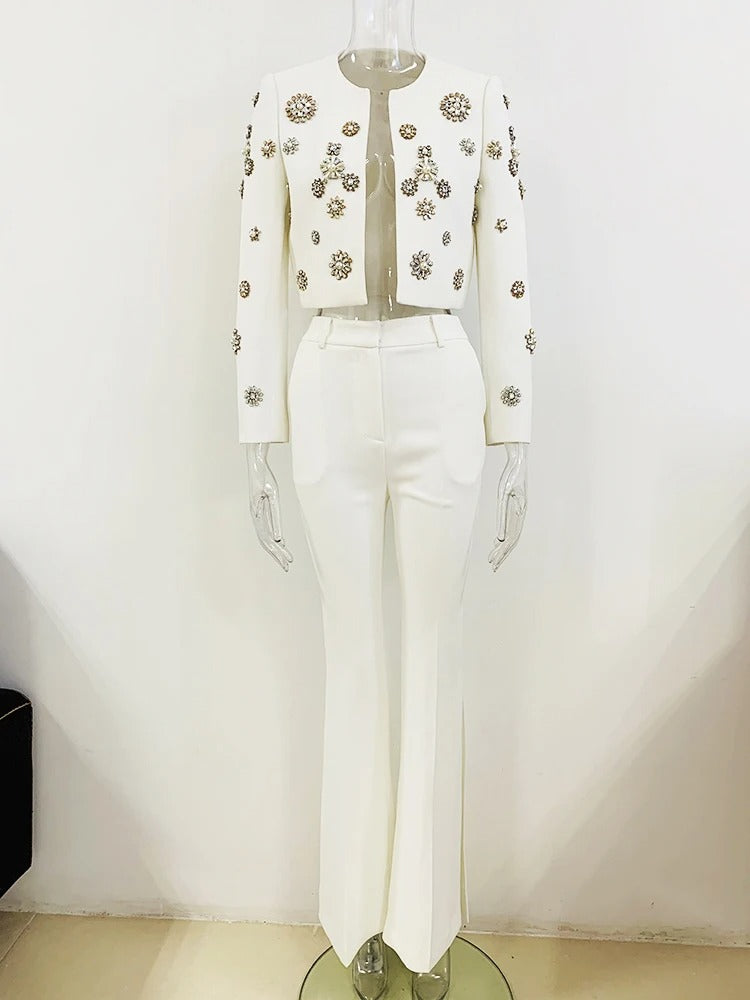 AVP PASSION: Rhinestone & Pearl Beaded Slit Flare Suit Set