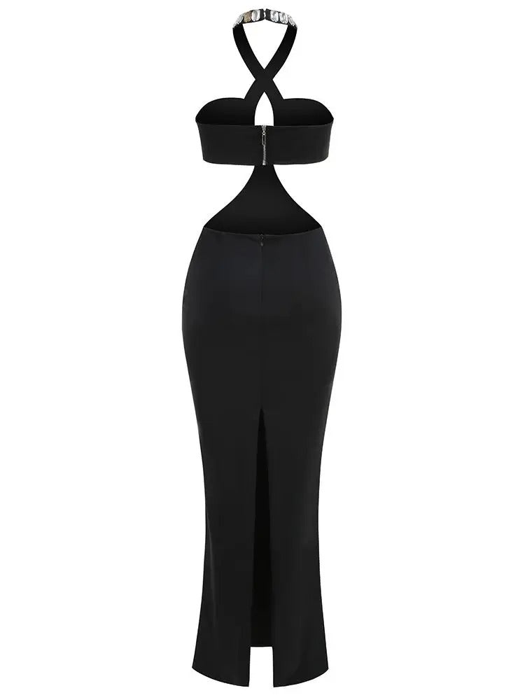 AVP PASSION: Diamond-Embellished Black Maxi Bodycon Dress