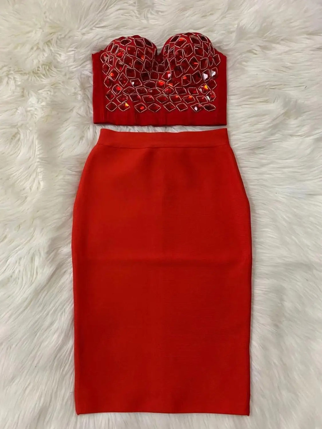 AVP PASSION: Hand-Beaded Red Two-Piece Bandage Set