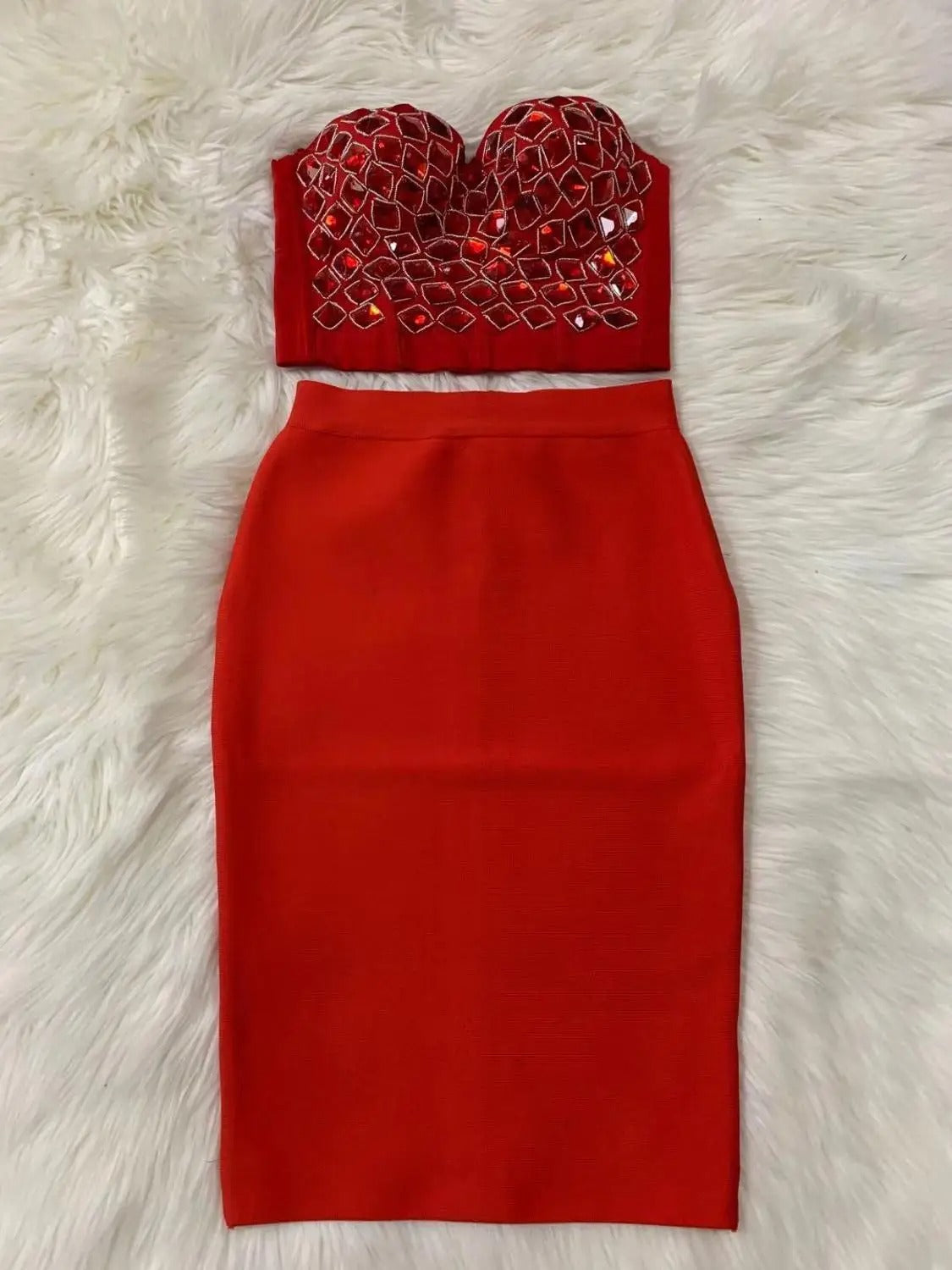 AVP PASSION: Hand-Beaded Red Two-Piece Bandage Set