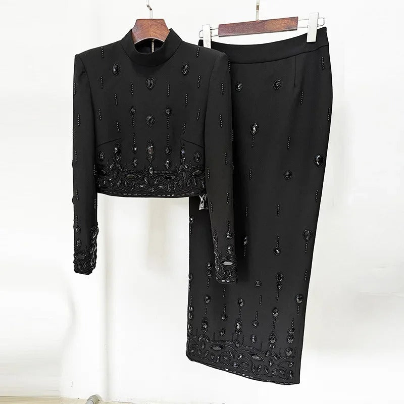 AVP PASSION: Spliced Rhinestone Top & Zipper Patchwork Skirt Set