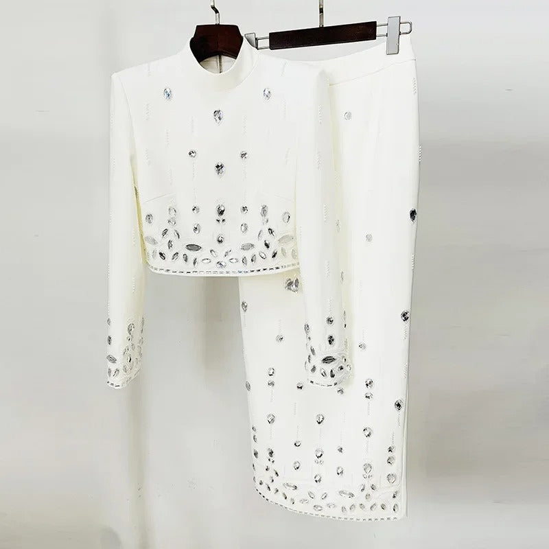 AVP PASSION: Spliced Rhinestone Top & Zipper Patchwork Skirt Set